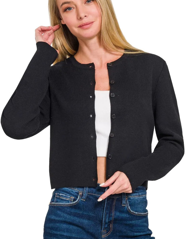 Zenana Button-Front Crewneck Long Sleeve Cropped Cardigan