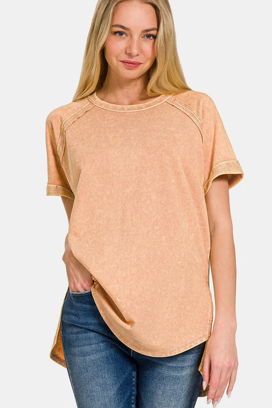 Zenana Heathered Round Neck Short Sleeve Top Brush