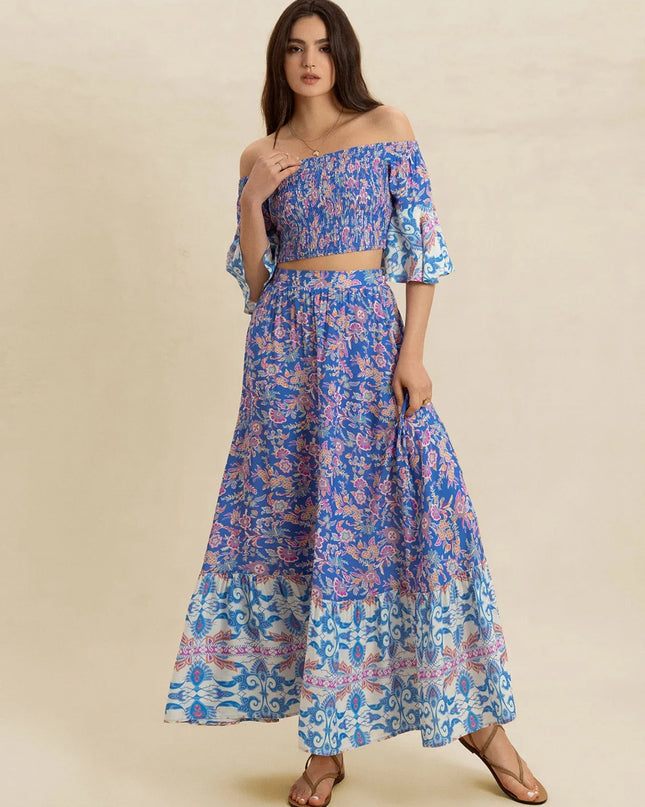 Smocked Off-Shoulder Printed Top and Skirt Set Blue Purple