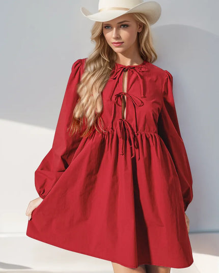 Double Take Christmas Front Tied Long Sleeve Mini Dress Red