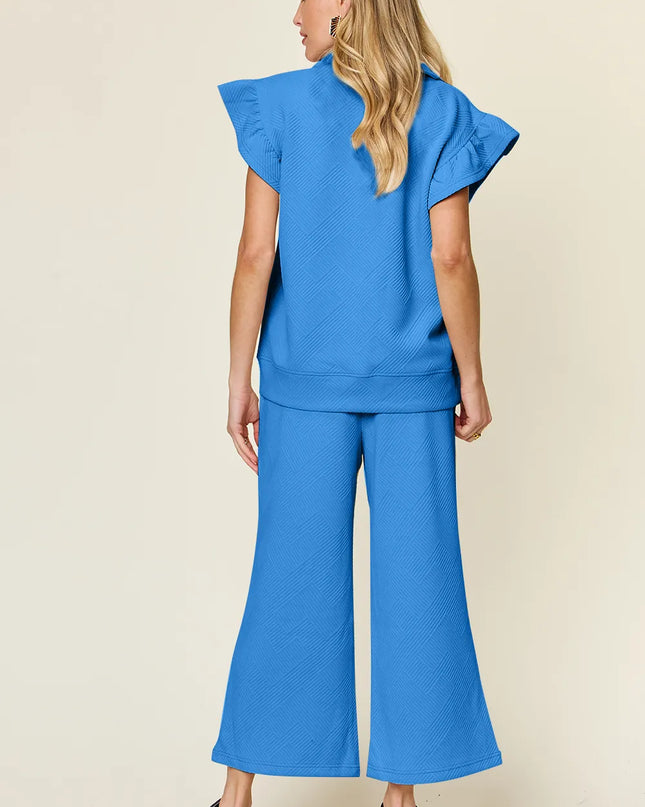 Double Take Texture Ruffle Short Sleeve Top and Drawstring Wide Leg Pants Set