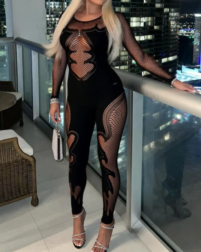 Fishing Net Sheer Long Sleeve Jumpsuit