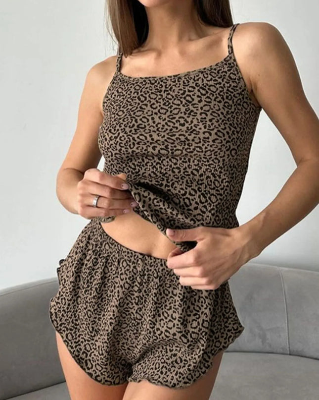 Leopard Cami Cardigan and Shorts 3-Piece Set