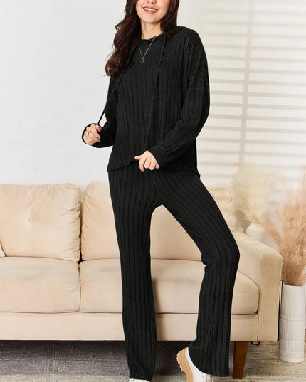Basic Bae Full Size Ribbed Drawstring Hooded Top and Straight Pants Set Black