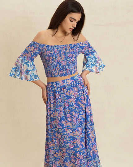 Smocked Off-Shoulder Printed Top and Skirt Set
