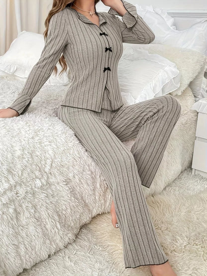 Ribbed Bow Front Top and Pants Lounge Set Dark Khaki Color