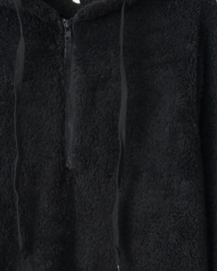 Full Size Quarter-Zip Drawstring Teddy Hoodie