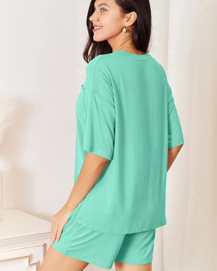 Basic Bae Bamboo Full Size Round Neck Drop Shoulder T-Shirt and Shorts Set
