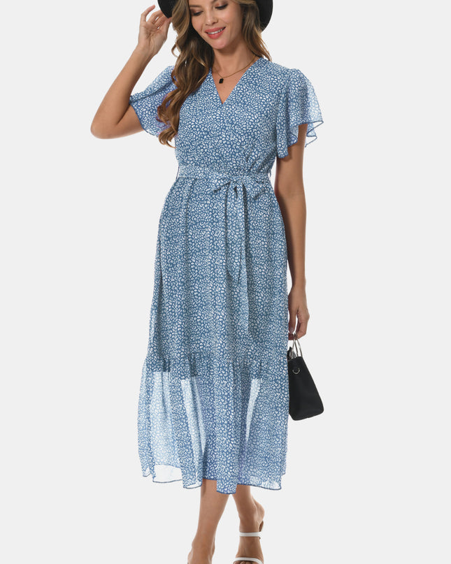 Surplice Neck Flutter Sleeve Tied Dress