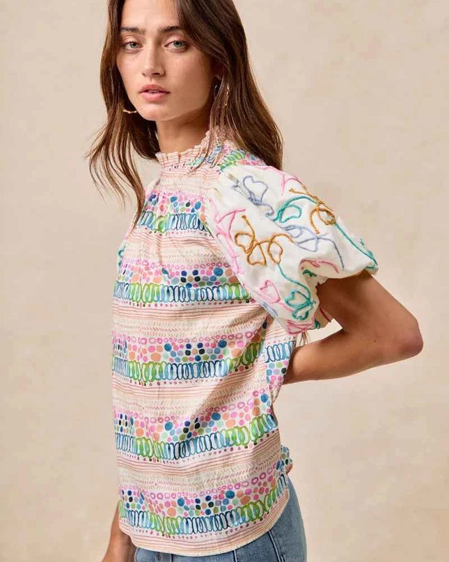 BiBi Ruffle Neckline Blouse With Embroidery Bubble Sleeve