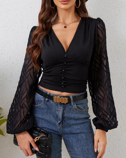Lace Patchwork Plunge Long Sleeve Blouse
