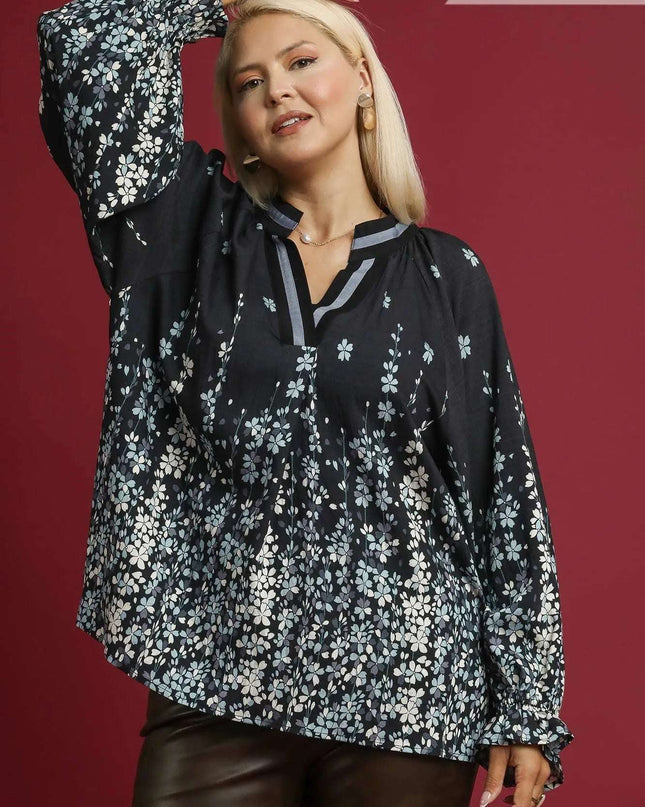 Umgee Full Size Floral Vine Print Blouse with Balloon Sleeves Plus Size