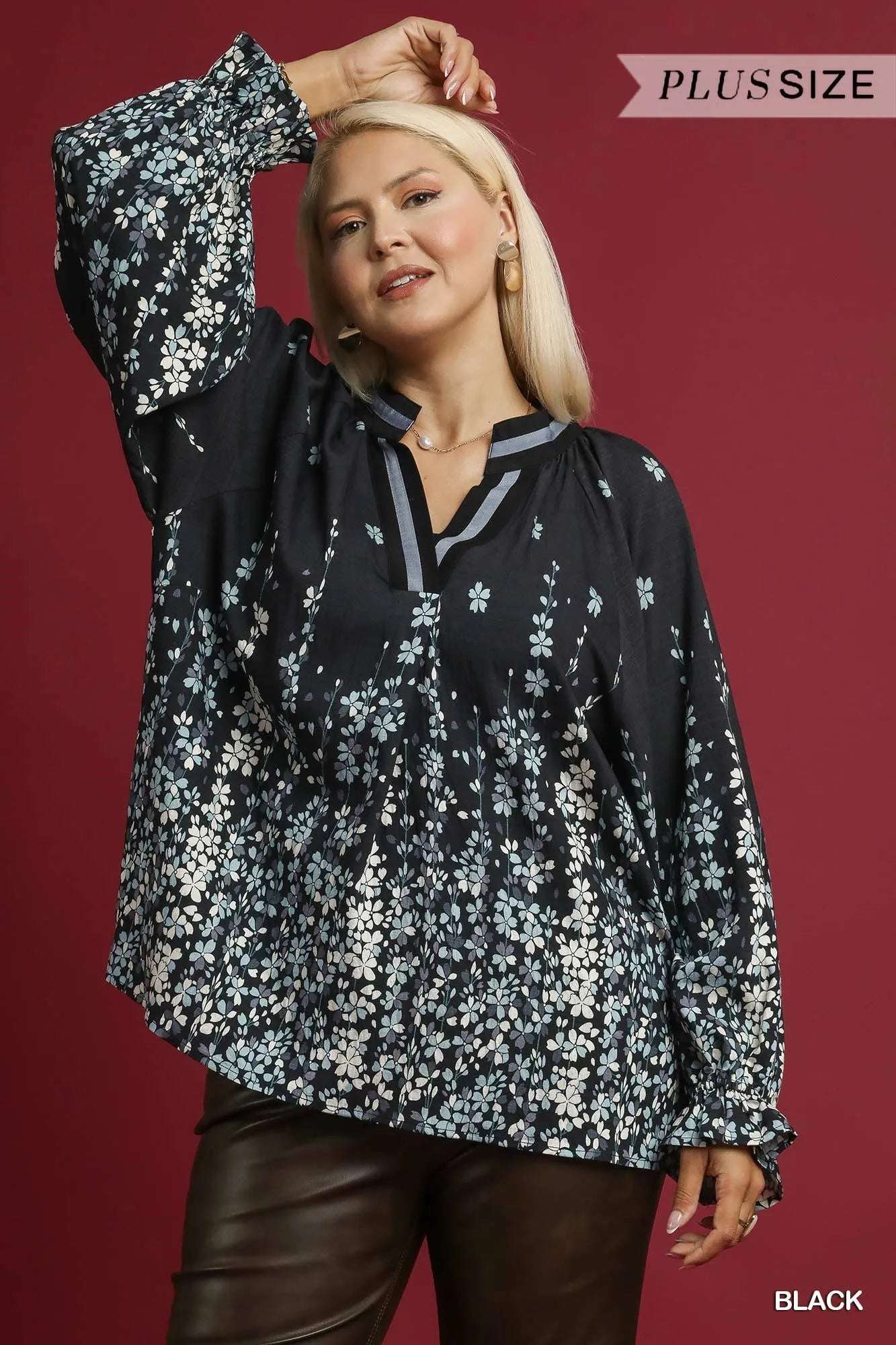Umgee Full Size Floral Vine Print Blouse with Balloon Sleeves Plus Size