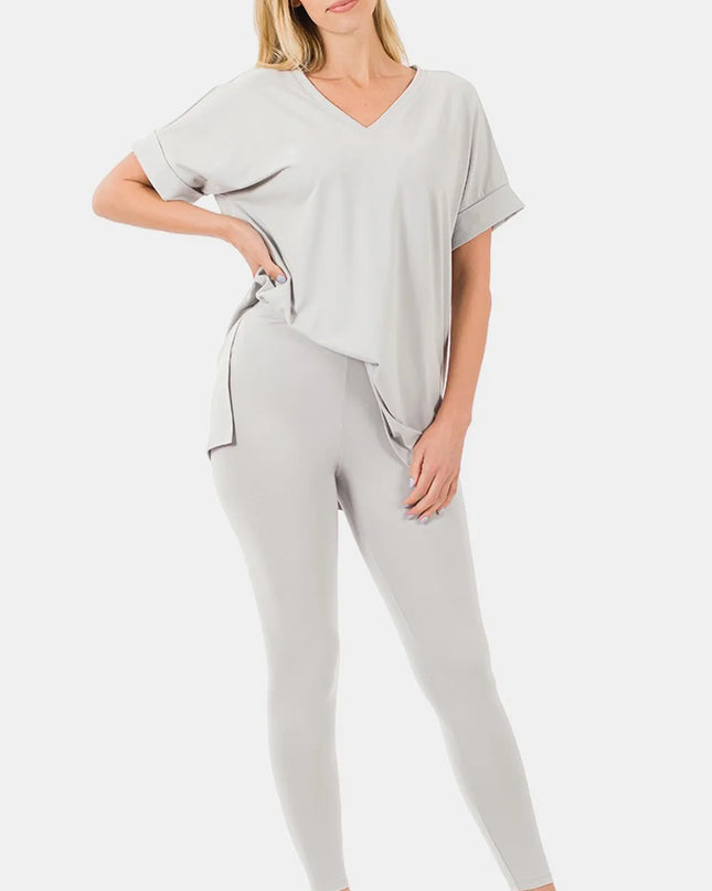 Zenana V-Neck Rolled Short Sleeve T-Shirt and Leggings Lounge Set