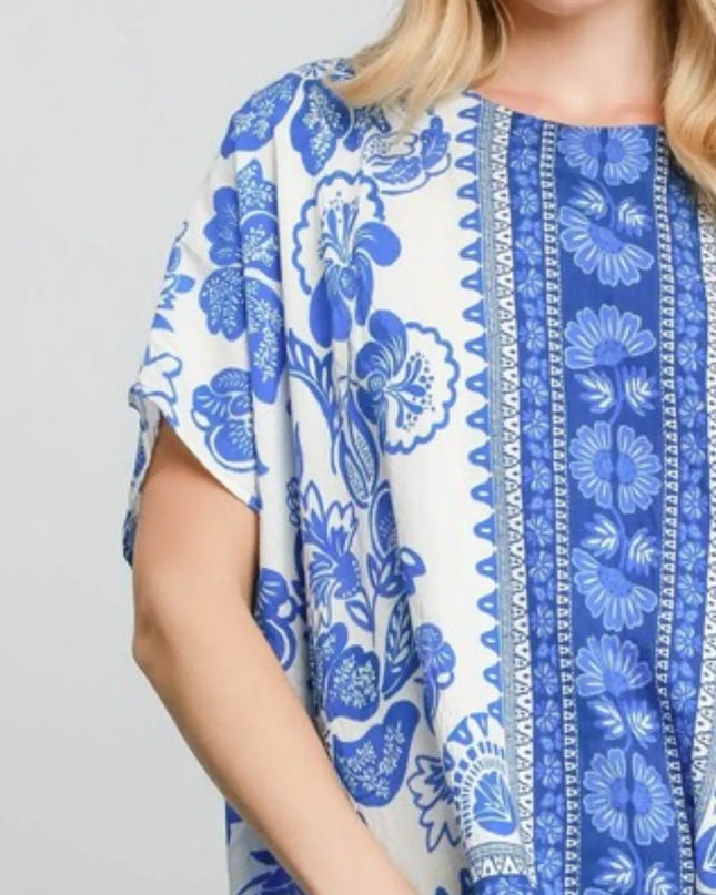 Umgee Full Size Floral Border Print Oversized Top Plus Size