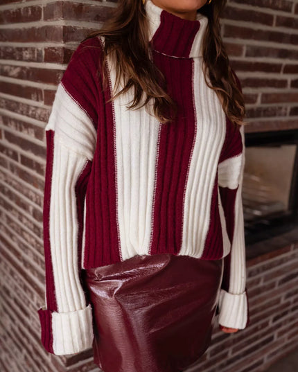 Color Block Ribbed Turtleneck Sweater