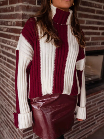 Color Block Ribbed Turtleneck Sweater