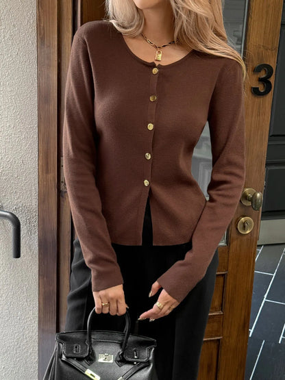 Button-Up Long Sleeve Knit Cardigan Brown