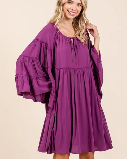 Mittoshop Frill Tie Neck Bell Sleeve Dress Red-Violet