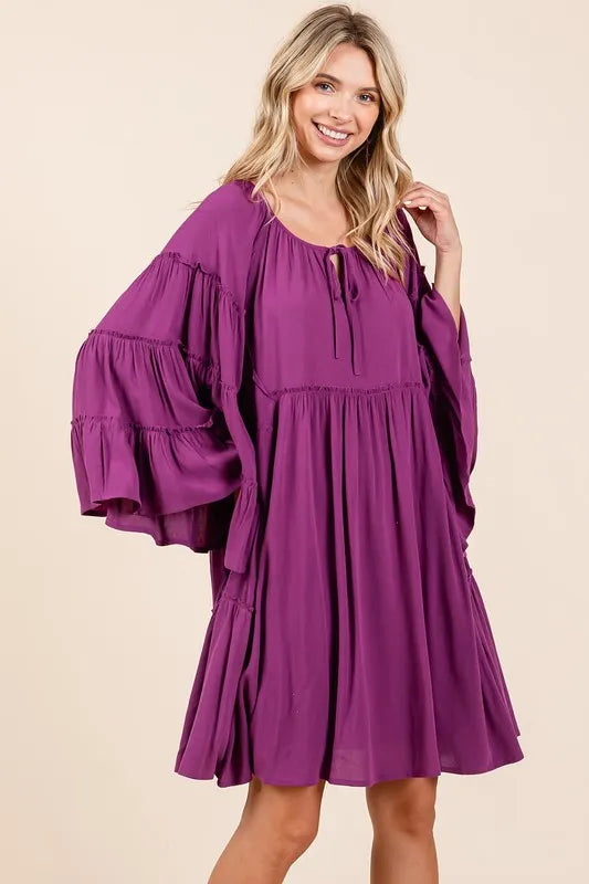 Mittoshop Frill Tie Neck Bell Sleeve Dress Red-Violet
