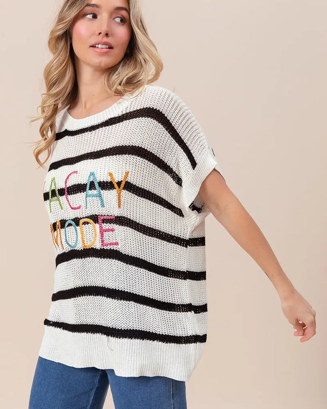 BiBi Vacay Mode Lettering Drop Shoulder Striped Sweater