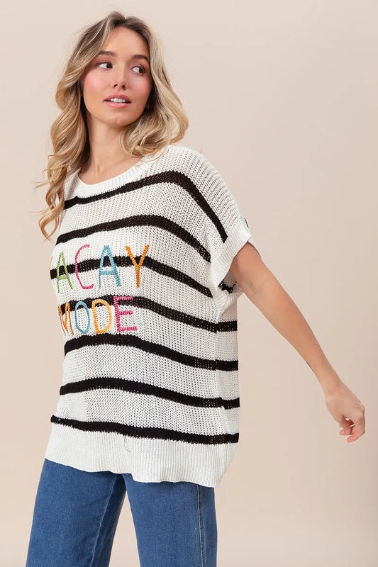 BiBi Vacay Mode Lettering Drop Shoulder Striped Sweater