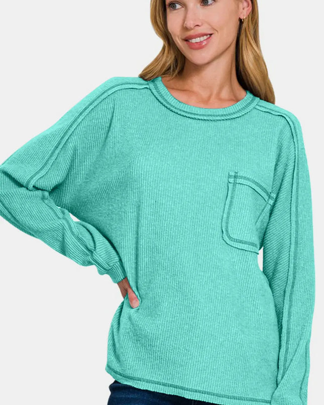 Zenana Full Size Contrast Stitching Brushed Ribbed Hacci Knit Top Plus Size