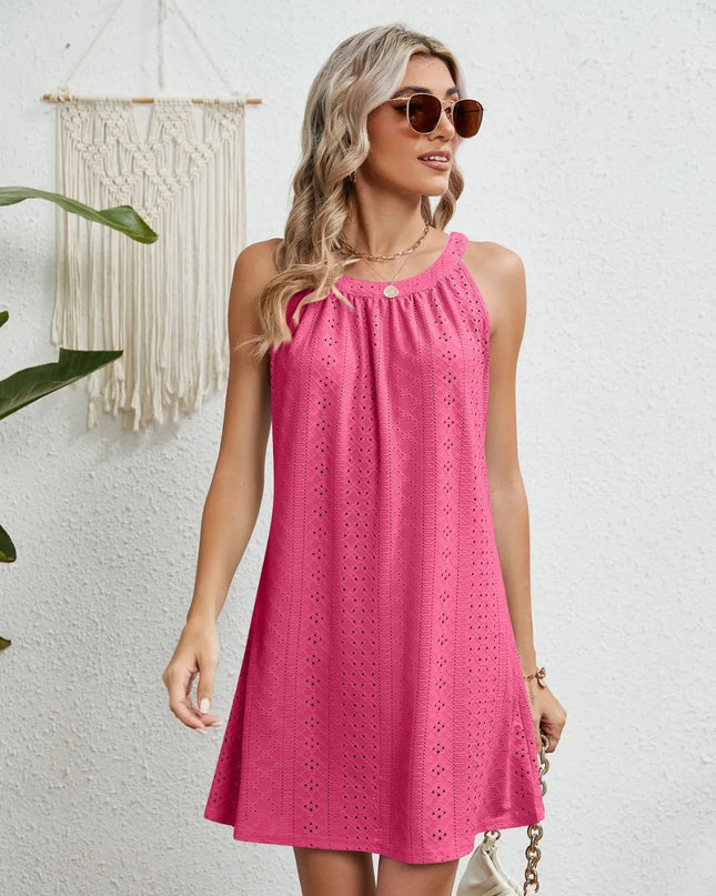 Eyelet Round Neck Sleeveless Dress 