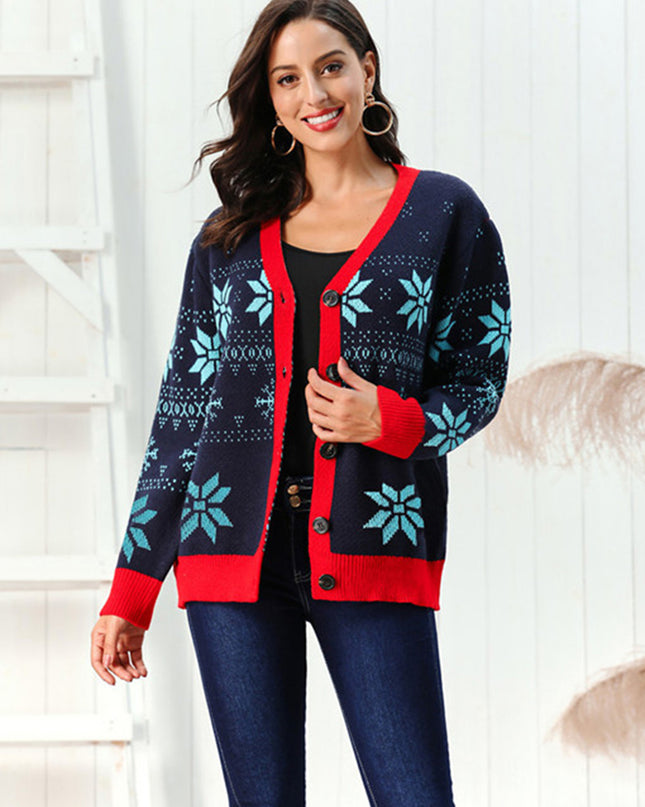 Snowflake Pattern Button Down Cardigan Dark Blue