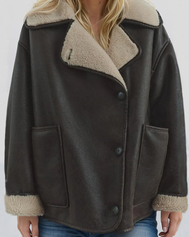 Collared Neck Long Sleeve Plush Jacket