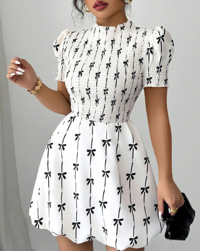 Smocked Bow Print Short Sleeve Dress