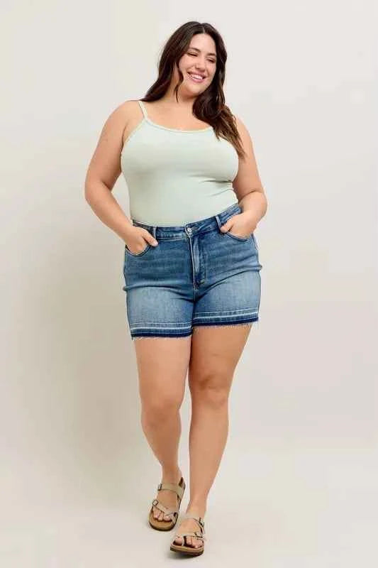Judy Blue Full Size Mr Tummy Control Vintage Wash Release Hem Shorts Plus Size