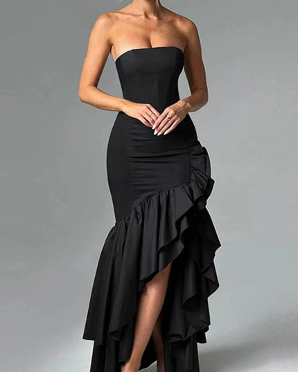Strapless Ruffle High-Low Bodycon Dress Black