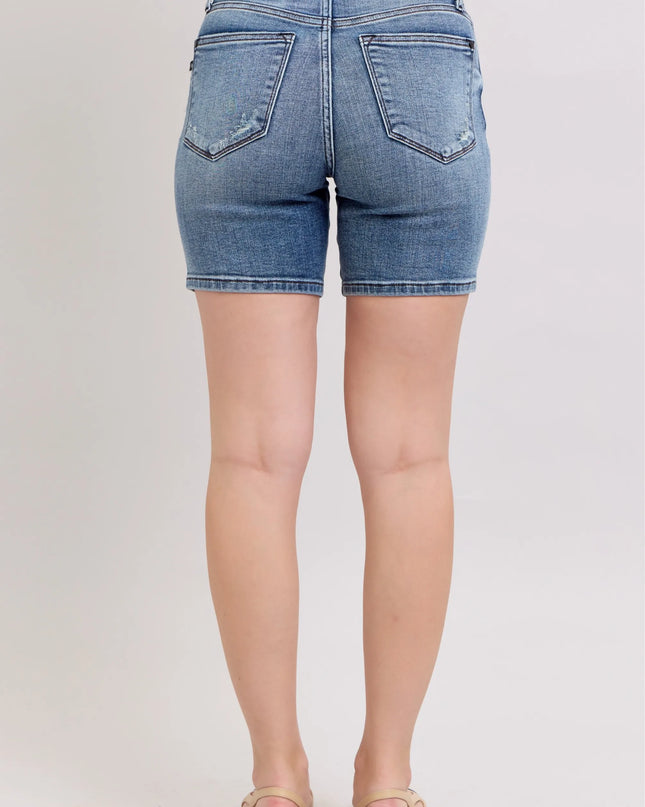 Judy Blue Button Fly Mid Length Denim Shorts W/ Destroy
