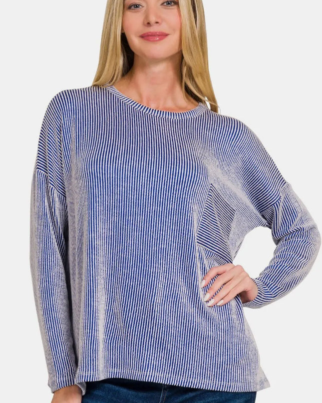 Zenana Ribbed Striped Long Sleeve T-Shirt Bright Blue