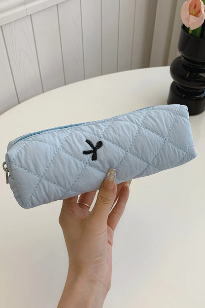Bow Embroidered Quilted Storage Bag Light Blue One Size