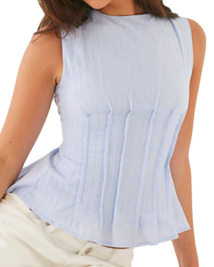 Back Lace Up Sleeveless Top with Cinched Waist Design Sky Blue