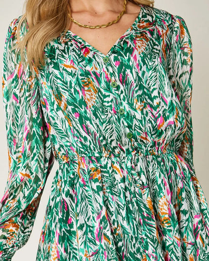 Double Take Full Size Printed Drawstring Waist Long Sleeve Dress