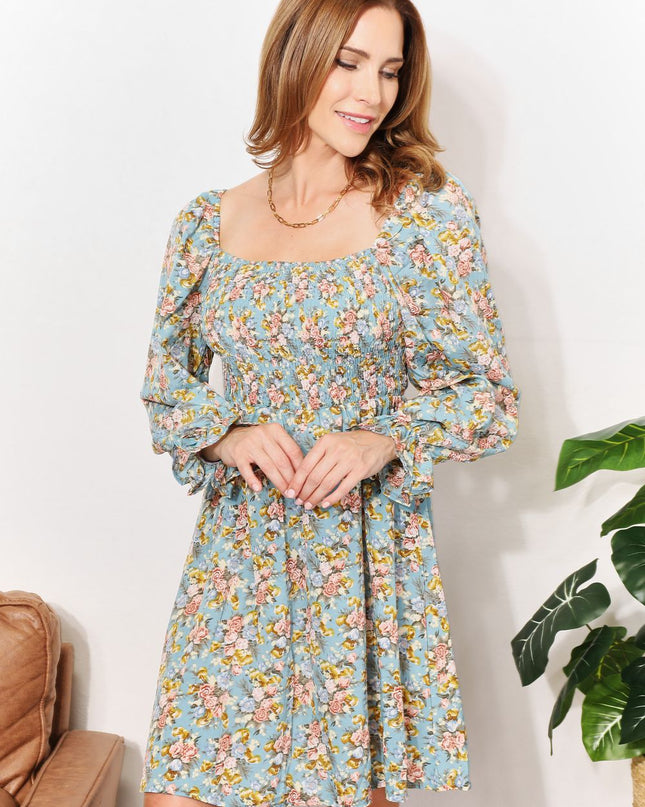 Honey Floral Smocked Flounce Sleeve Square Neck Dress