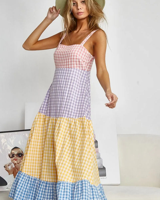 BiBi Color Block Tiered Gingham Dress
