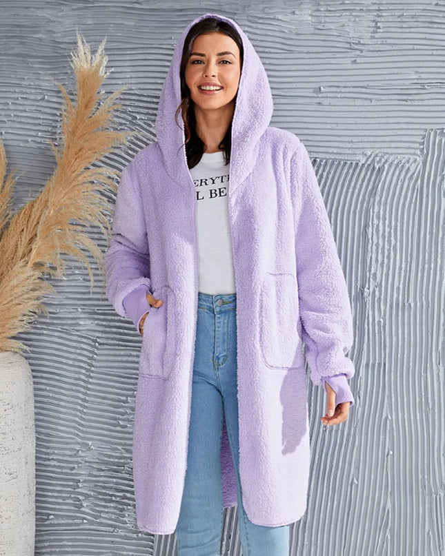 Double Take Full Size Hooded Teddy Bear Jacket with Thumbholes