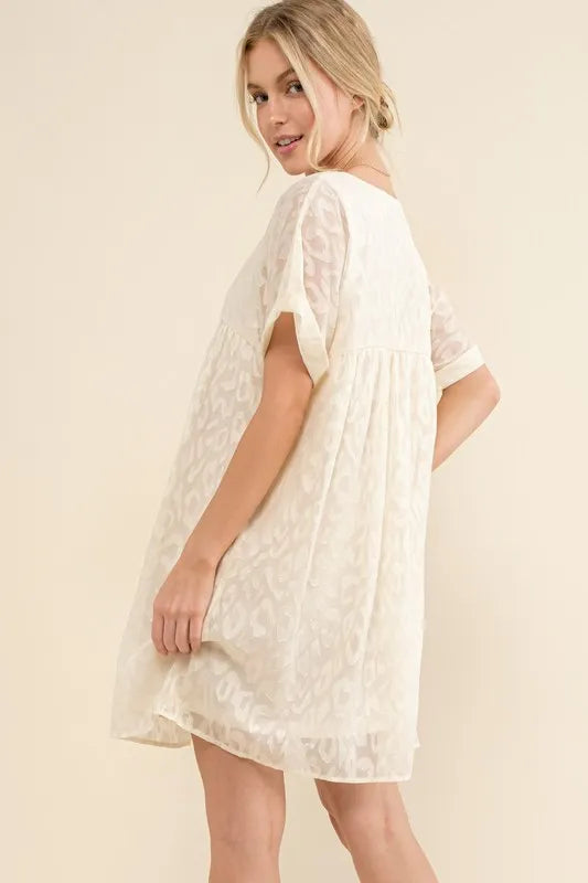 And The Why Woven Leopard Baby Doll Roll-Sleeve Casual Dress