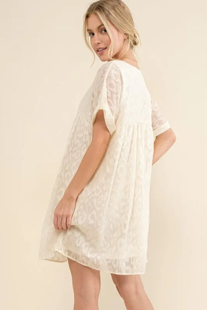 And The Why Woven Leopard Baby Doll Roll-Sleeve Casual Dress