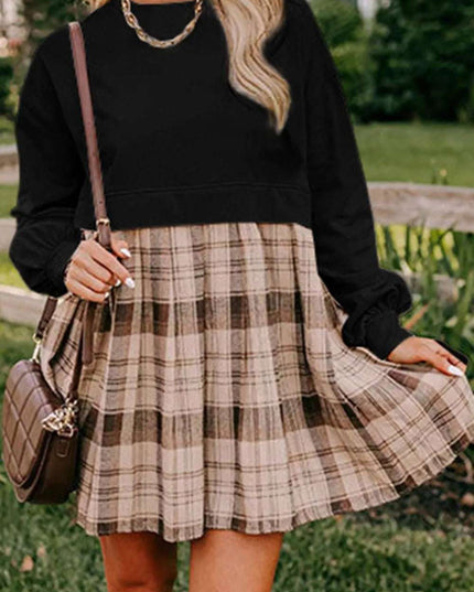 Plaid Round Neck Long Sleeve Mini Dress Black