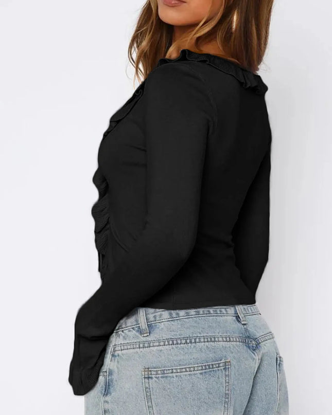 Ruffled Tie Front Flare Sleeve Shirt