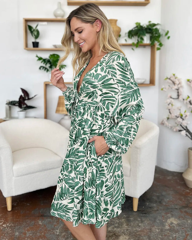 Double Take Full Size Printed Ruched Balloon Sleeve Dress