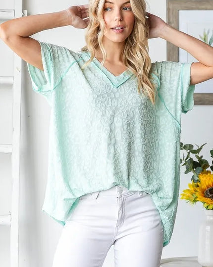 Heimish Full Size Exposed Seam V-Neck Short Sleeve Leopard Top Plus Size