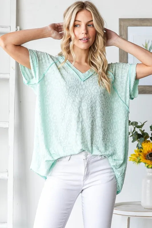 Heimish Full Size Exposed Seam V-Neck Short Sleeve Leopard Top Plus Size