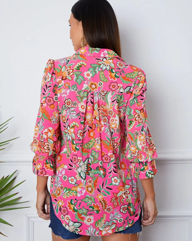 Floral Button Up Flounce Sleeve Shirt