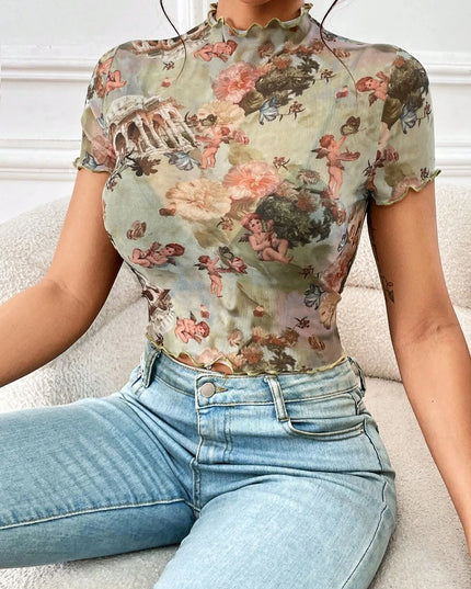 Abstract Print Ruffled Mock Neck Crop T-Shirt Sage